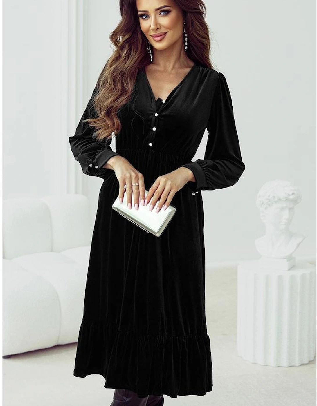 Black Velvet Buttoned Puff Sleeve V Neck Split Midi Dress