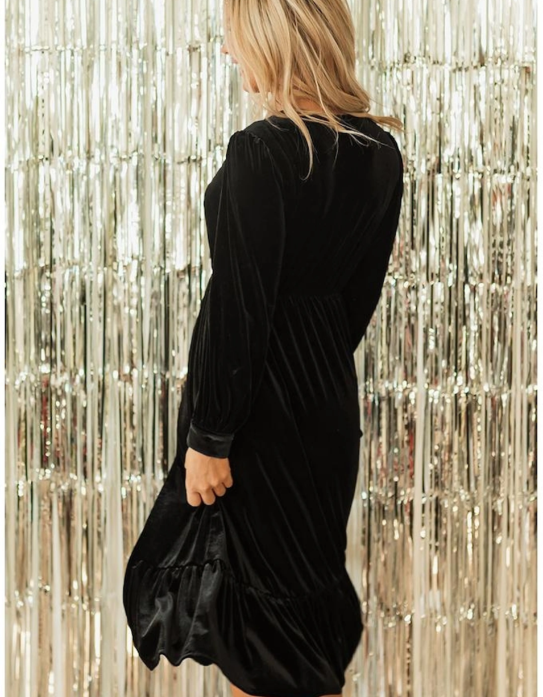 Black Velvet Buttoned Puff Sleeve V Neck Split Midi Dress, 14 of 13