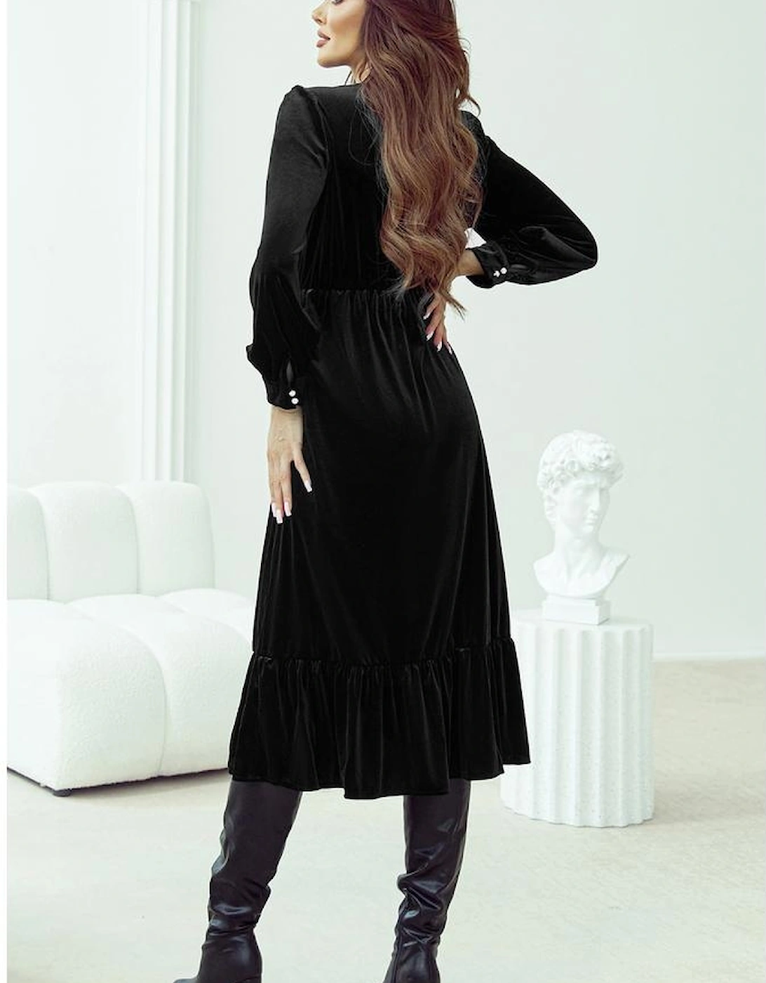 Black Velvet Buttoned Puff Sleeve V Neck Split Midi Dress
