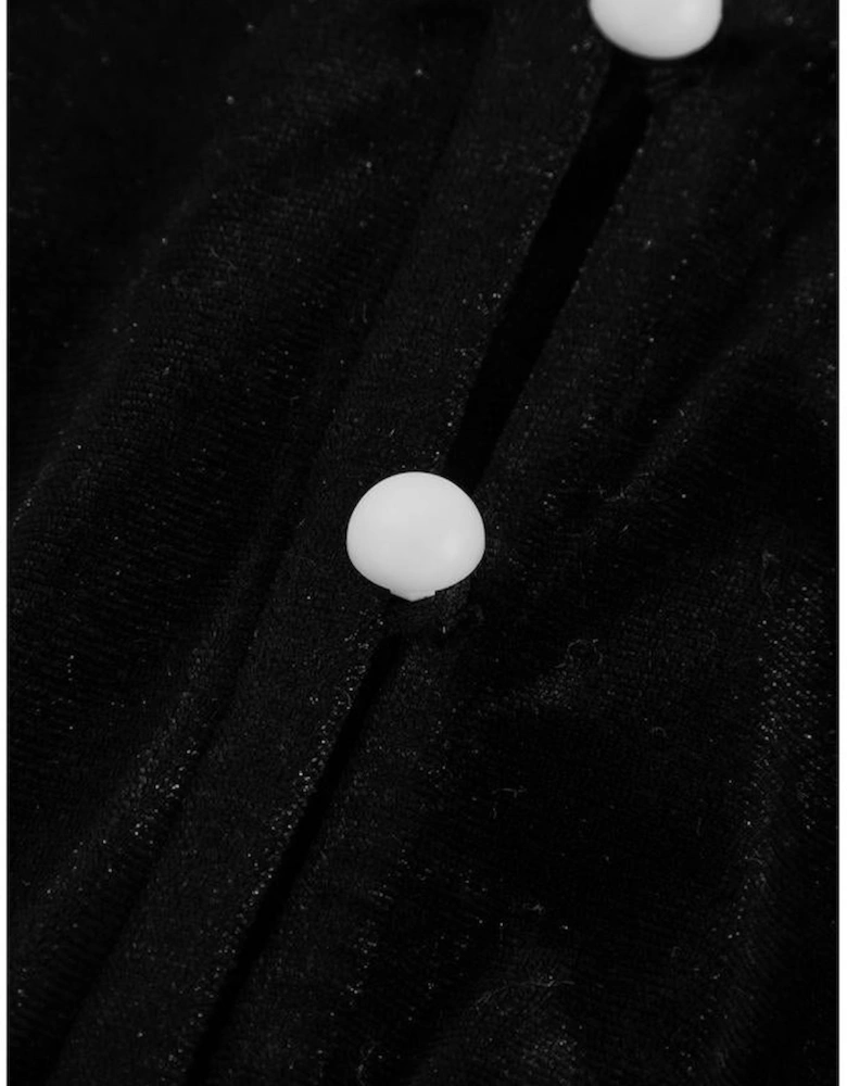 Black Velvet Buttoned Puff Sleeve V Neck Split Midi Dress