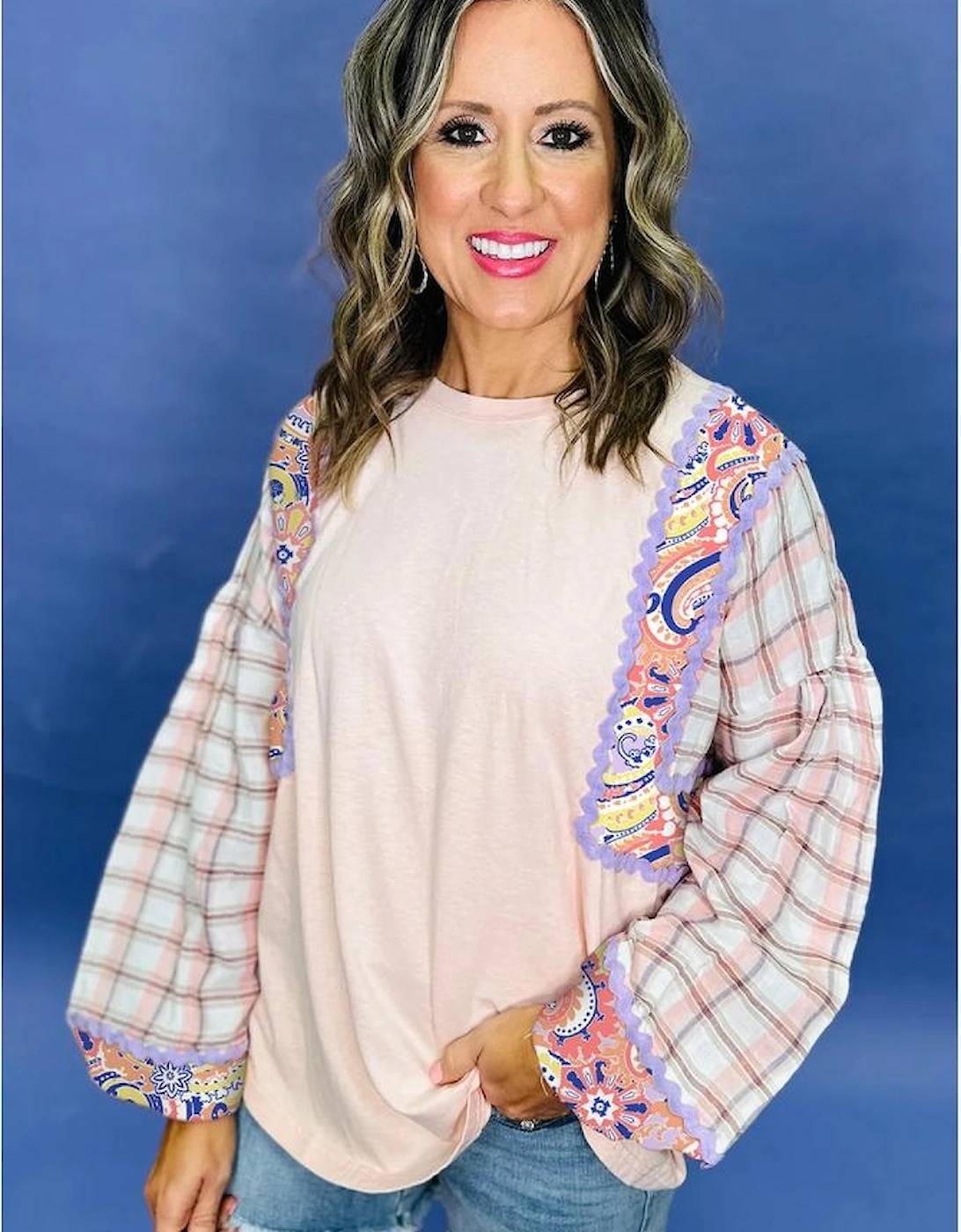 Delicacy Ricrac Trim Floral Plaid Patchwork Puff Sleeve Blouse