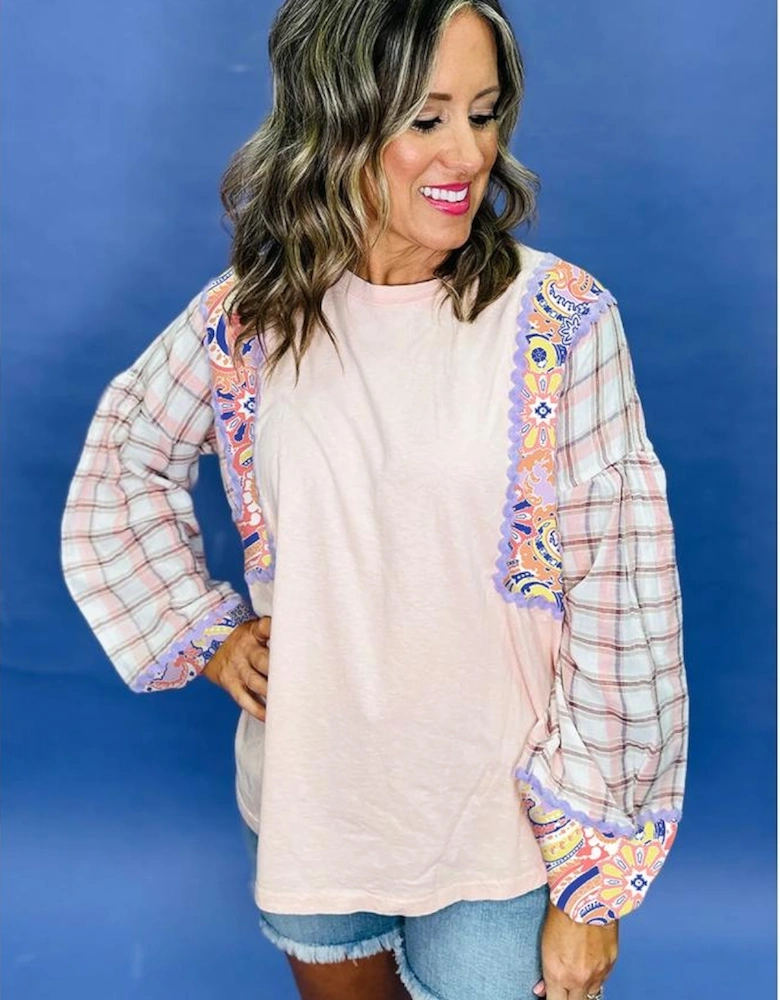 Delicacy Ricrac Trim Floral Plaid Patchwork Puff Sleeve Blouse