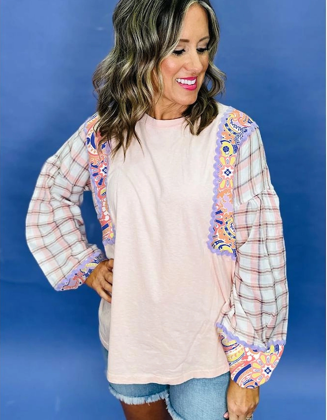 Delicacy Ricrac Trim Floral Plaid Patchwork Puff Sleeve Blouse