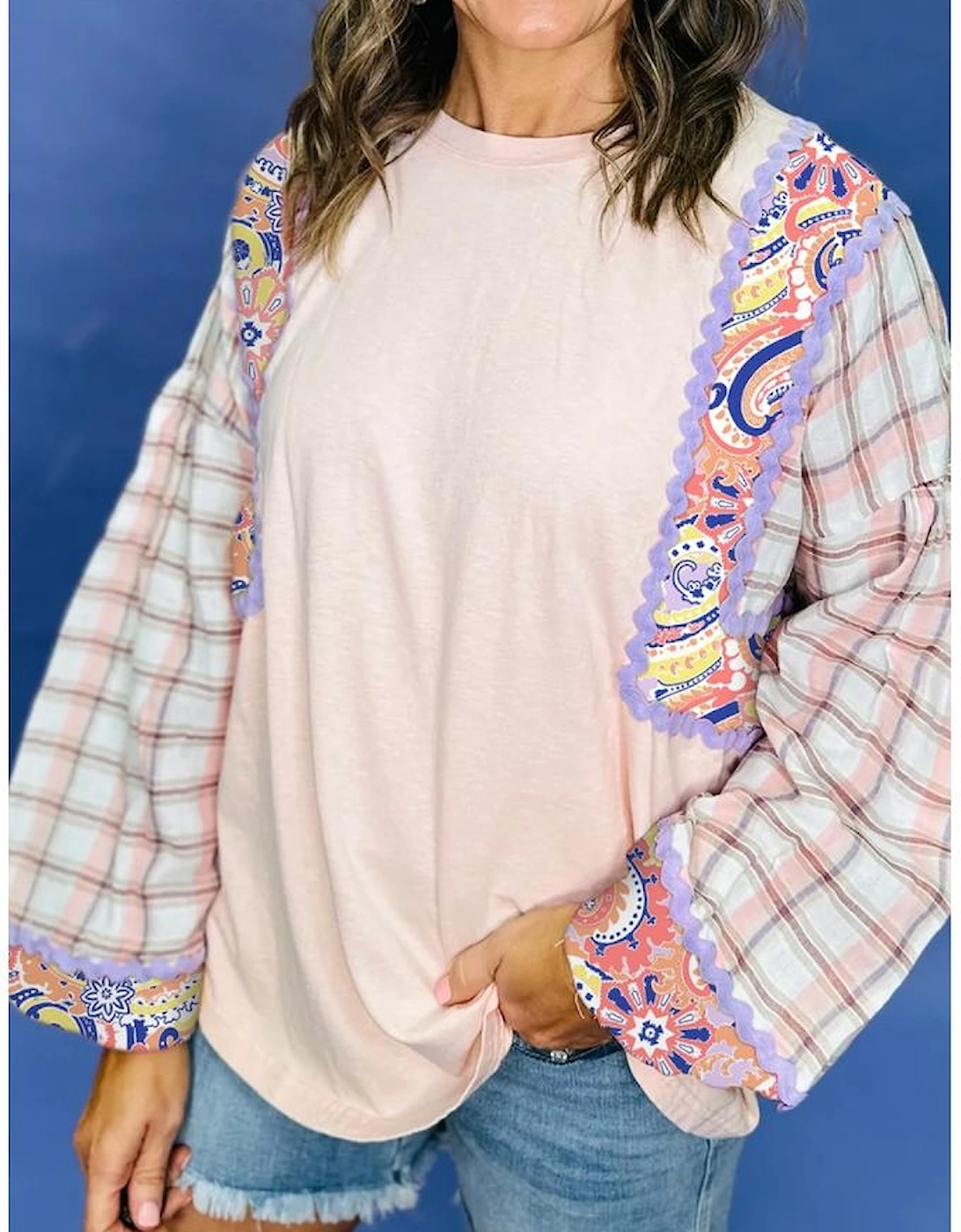 Delicacy Ricrac Trim Floral Plaid Patchwork Puff Sleeve Blouse