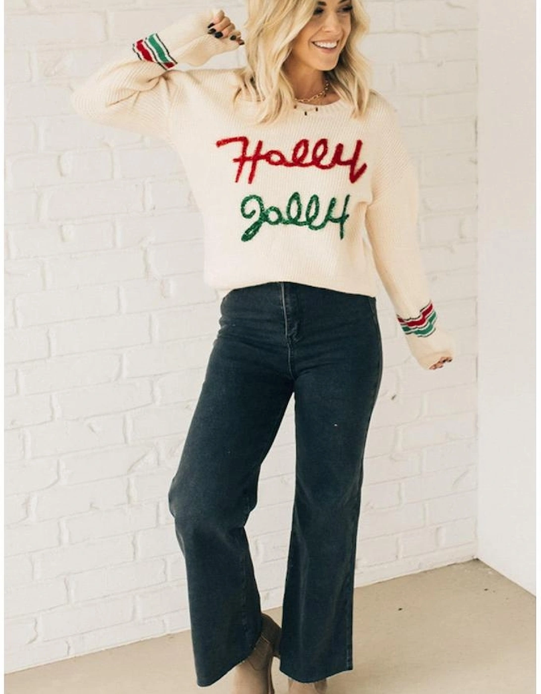 Beige Tinsel Holly Jolly Graphic Classic Sweater