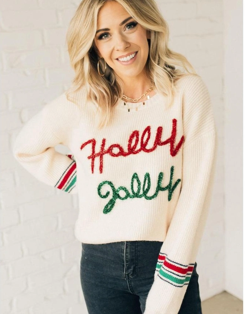 Beige Tinsel Holly Jolly Graphic Classic Sweater