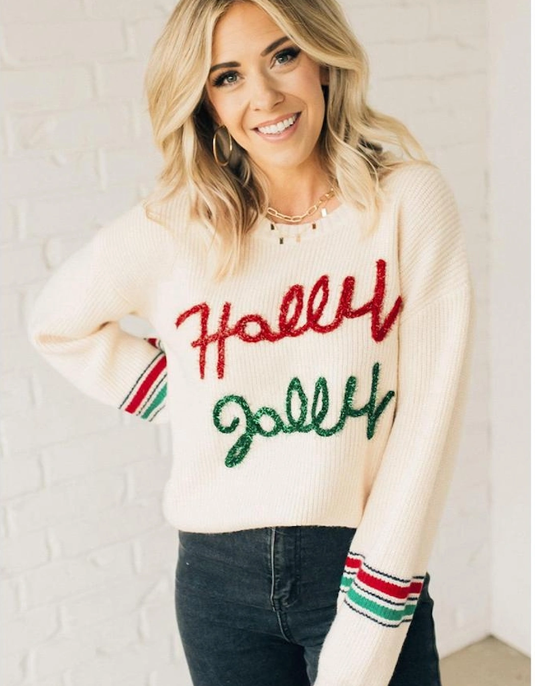 Beige Tinsel Holly Jolly Graphic Classic Sweater
