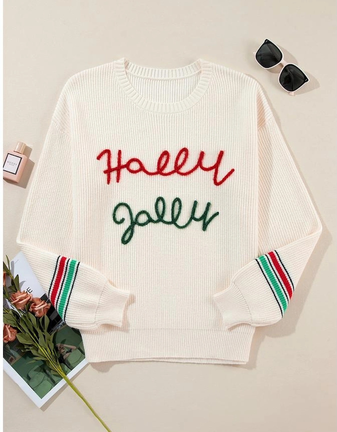 Beige Tinsel Holly Jolly Graphic Classic Sweater