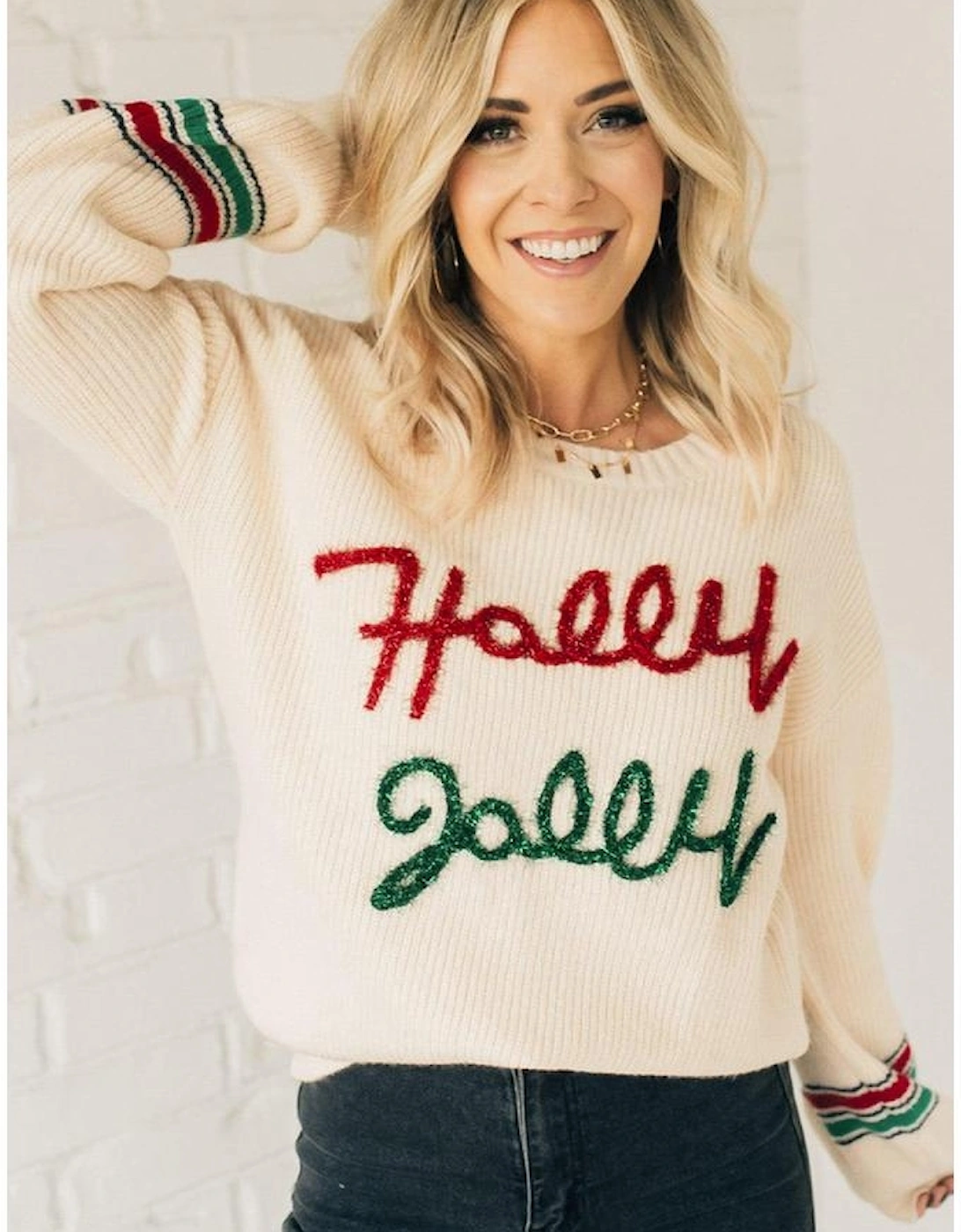 Beige Tinsel Holly Jolly Graphic Classic Sweater