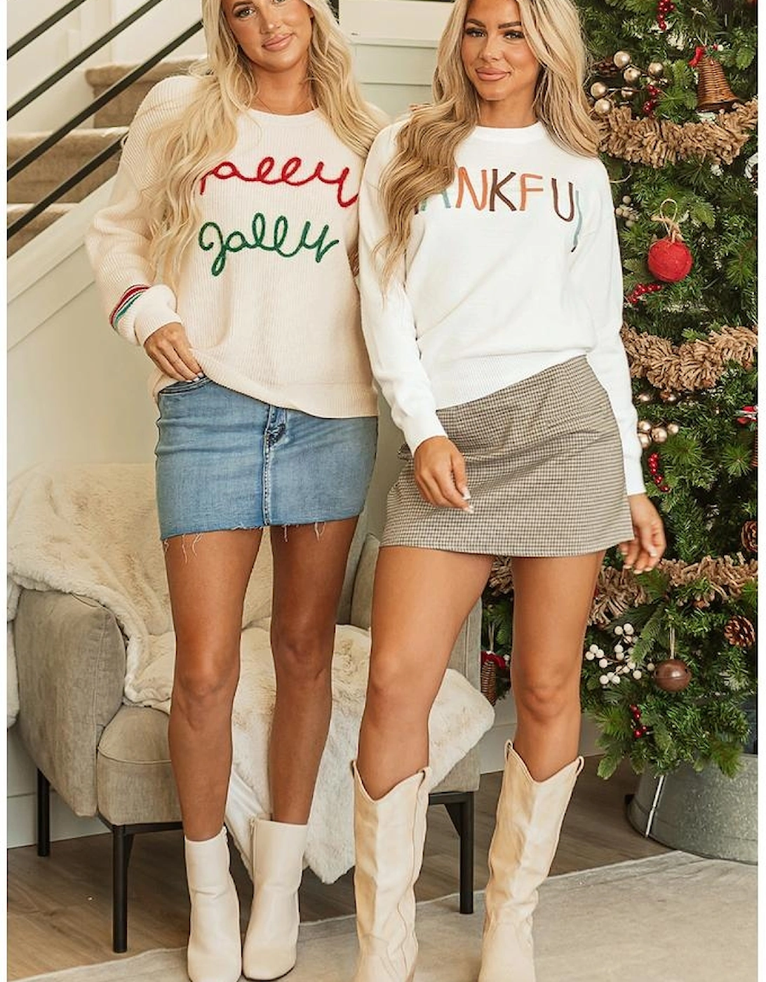 Beige Tinsel Holly Jolly Graphic Classic Sweater