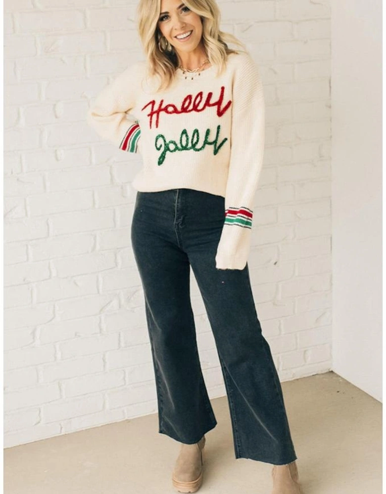Beige Tinsel Holly Jolly Graphic Classic Sweater