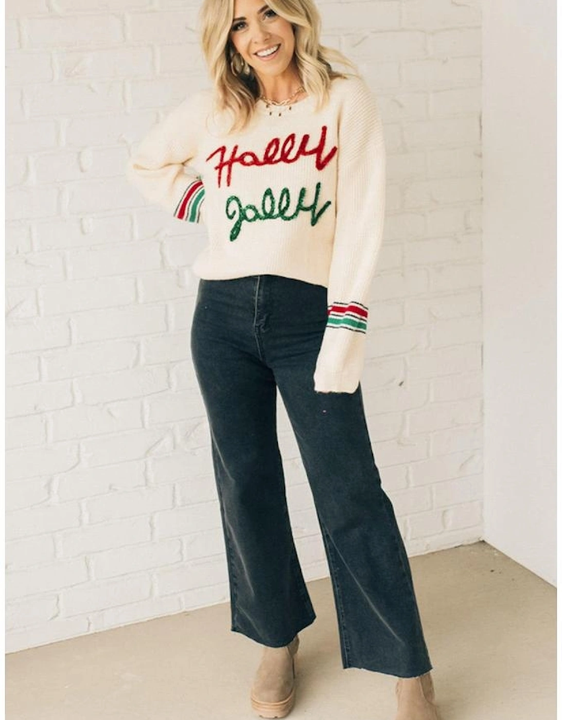 Beige Tinsel Holly Jolly Graphic Classic Sweater