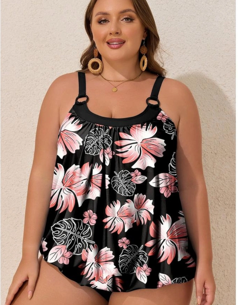 Black 2pcs Plus Size Wide Strap Floral Top Tankini Set