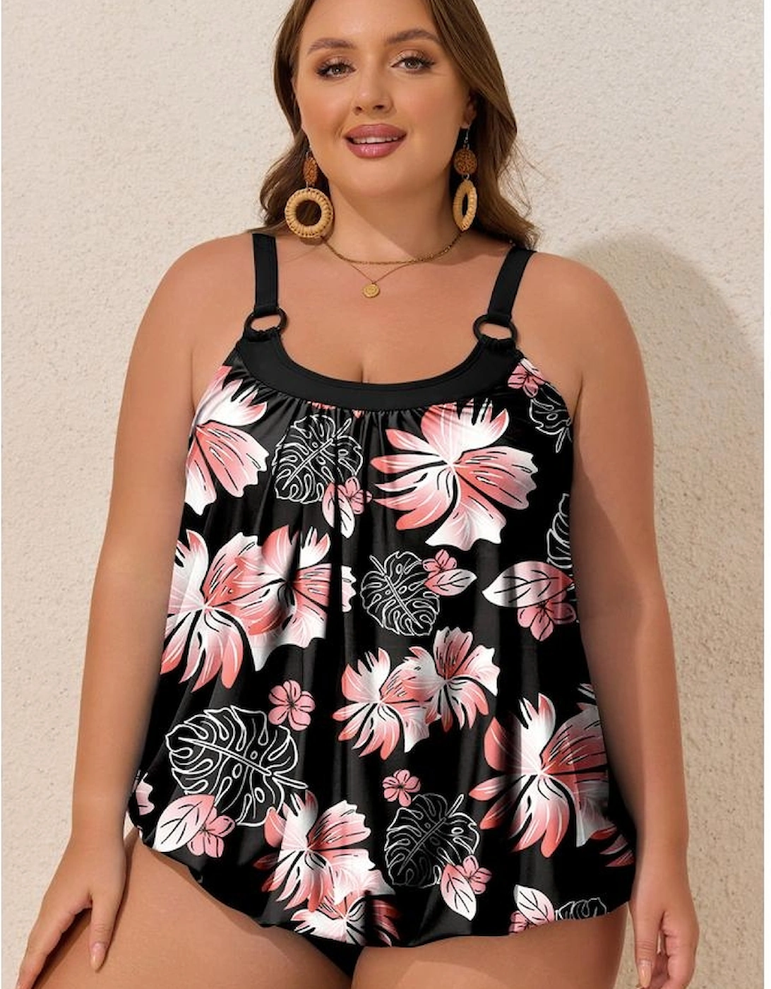 Black 2pcs Plus Size Wide Strap Floral Top Tankini Set