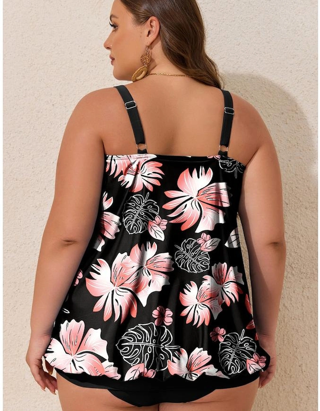 Black 2pcs Plus Size Wide Strap Floral Top Tankini Set, 15 of 14