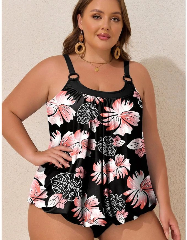 Black 2pcs Plus Size Wide Strap Floral Top Tankini Set