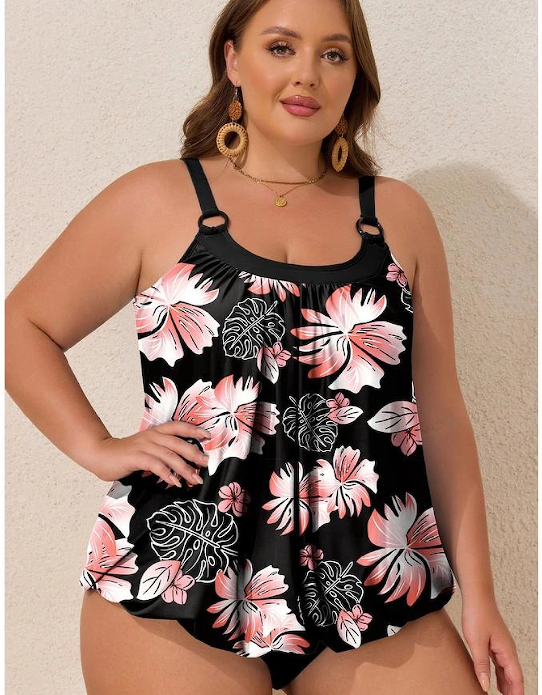 Black 2pcs Plus Size Wide Strap Floral Top Tankini Set