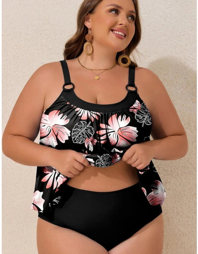 Black 2pcs Plus Size Wide Strap Floral Top Tankini Set