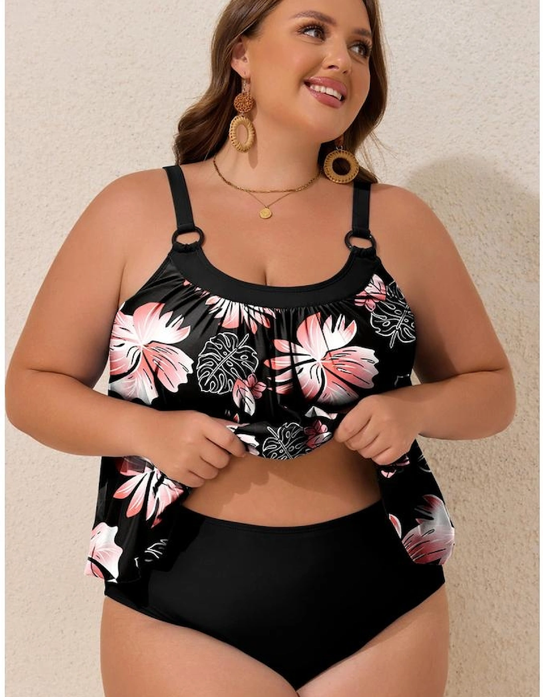 Black 2pcs Plus Size Wide Strap Floral Top Tankini Set