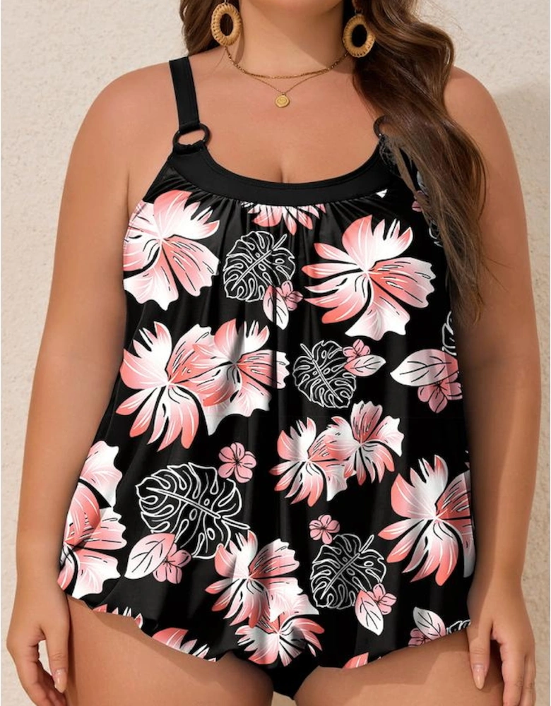 Black 2pcs Plus Size Wide Strap Floral Top Tankini Set