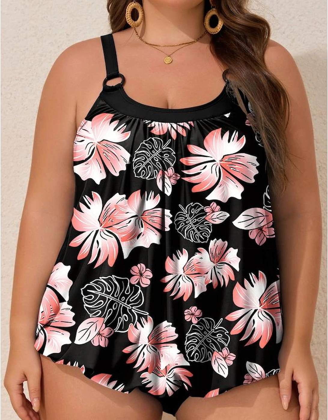 Black 2pcs Plus Size Wide Strap Floral Top Tankini Set