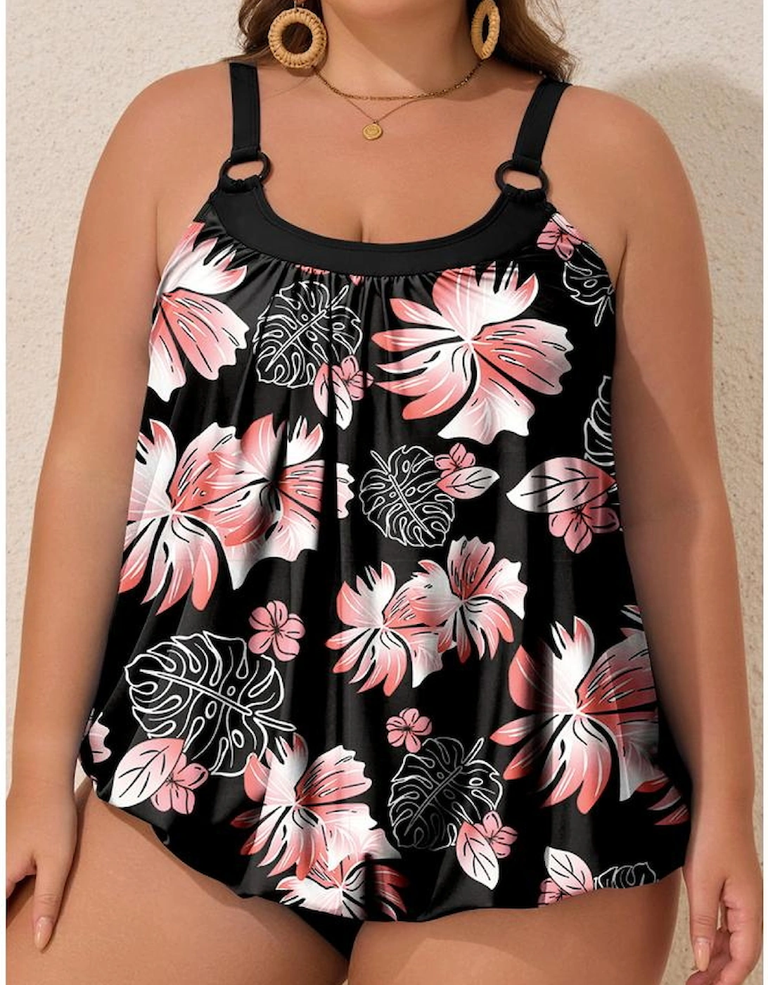 Black 2pcs Plus Size Wide Strap Floral Top Tankini Set