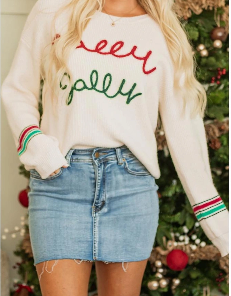 Beige Tinsel Holly Jolly Graphic Classic Sweater