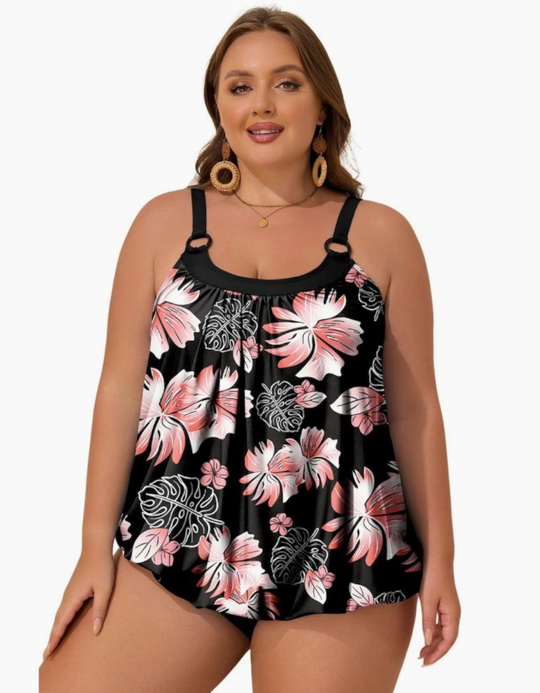 Black 2pcs Plus Size Wide Strap Floral Top Tankini Set