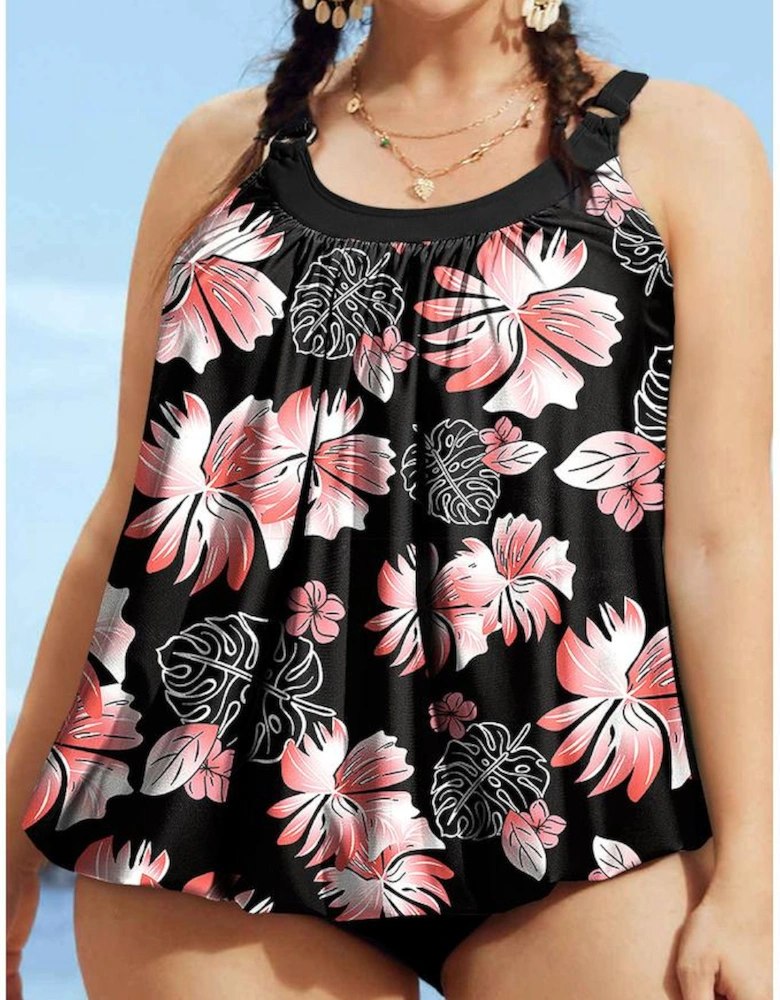 Black 2pcs Plus Size Wide Strap Floral Top Tankini Set