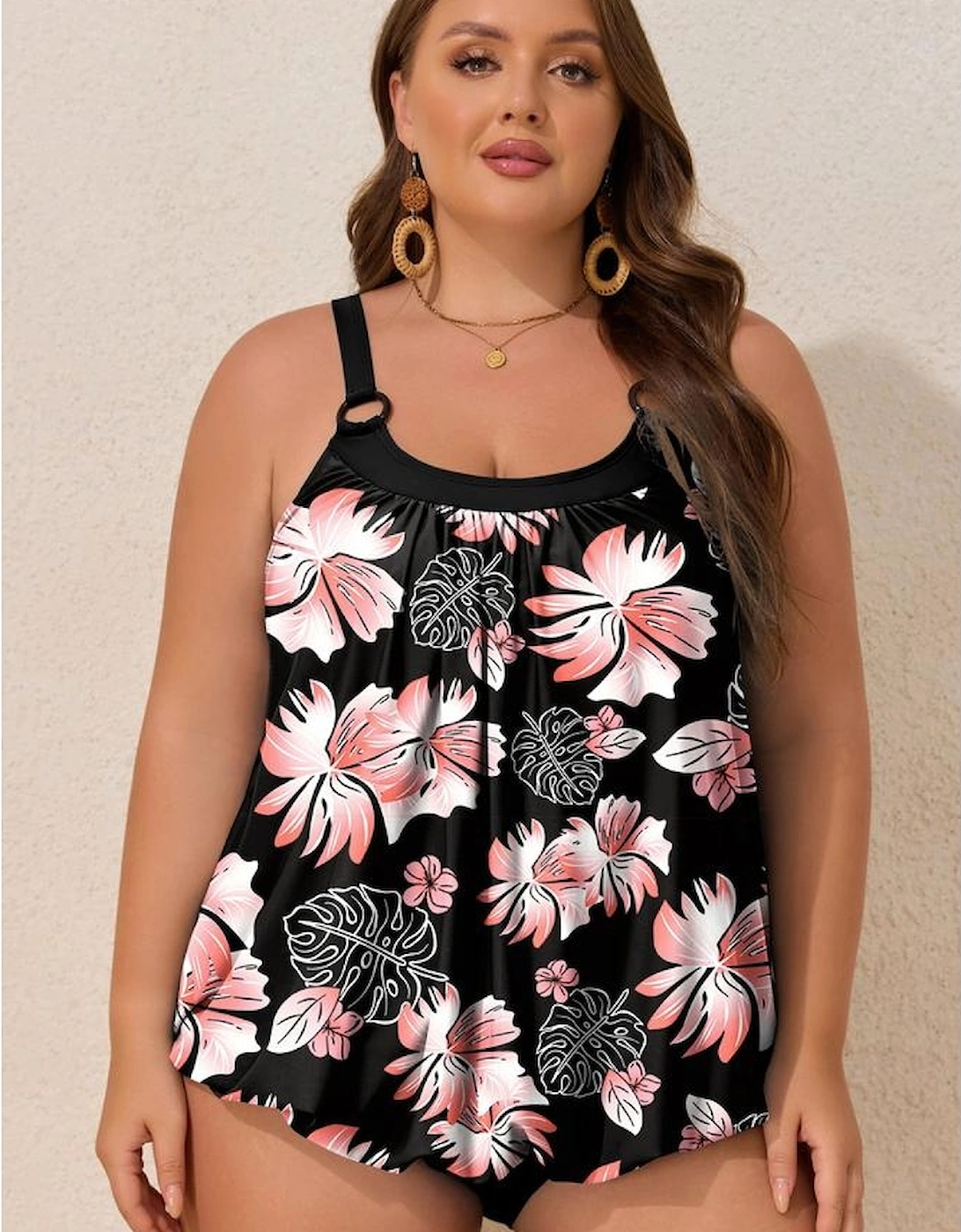 Black 2pcs Plus Size Wide Strap Floral Top Tankini Set