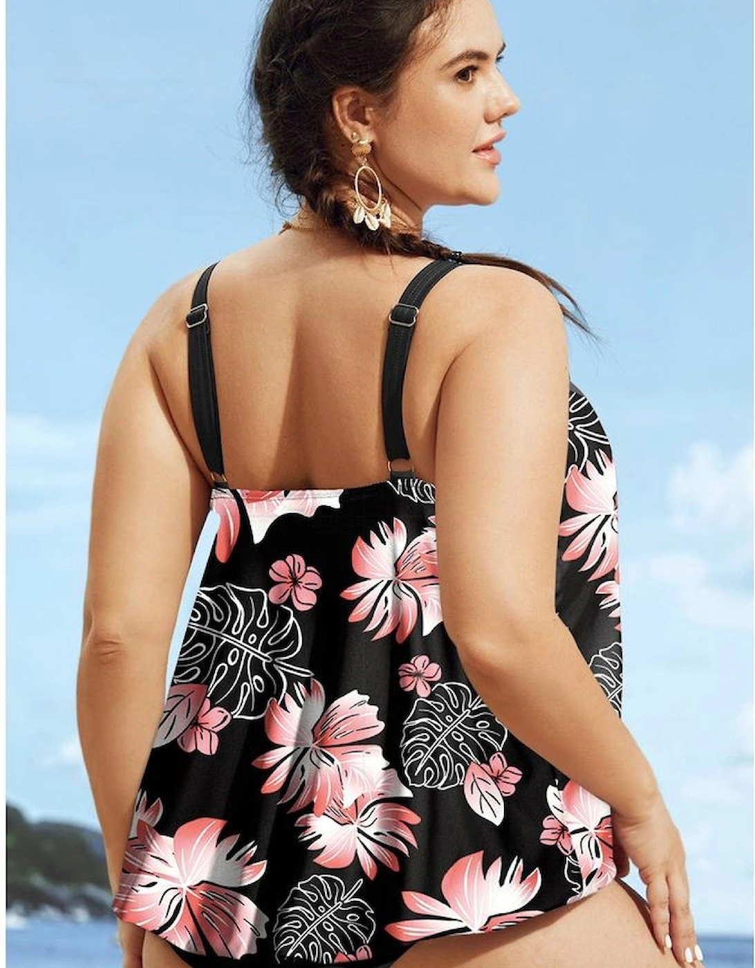 Black 2pcs Plus Size Wide Strap Floral Top Tankini Set