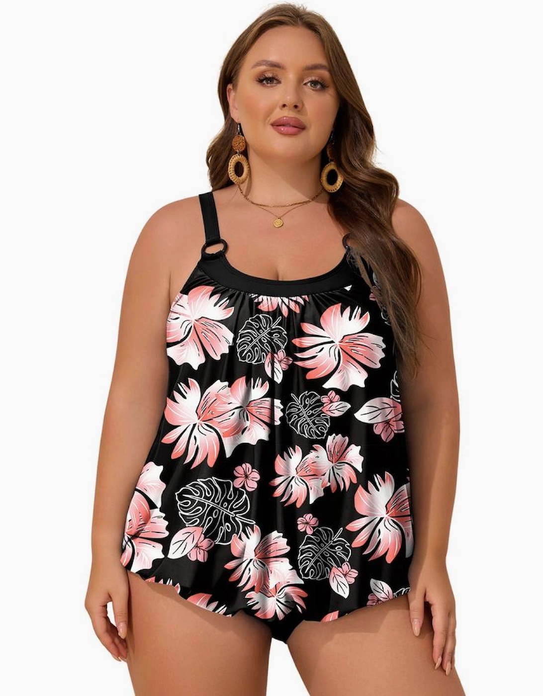 Black 2pcs Plus Size Wide Strap Floral Top Tankini Set
