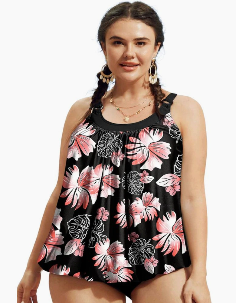 Black 2pcs Plus Size Wide Strap Floral Top Tankini Set