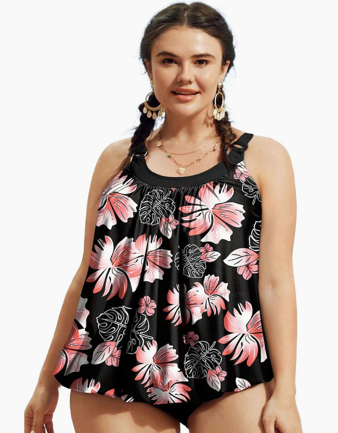 Black 2pcs Plus Size Wide Strap Floral Top Tankini Set