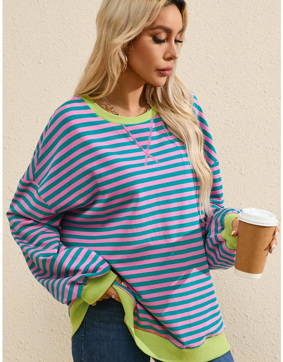 Green Stripe Oversized Contrast Trim Pullover Sweatshirt, 13 of 12