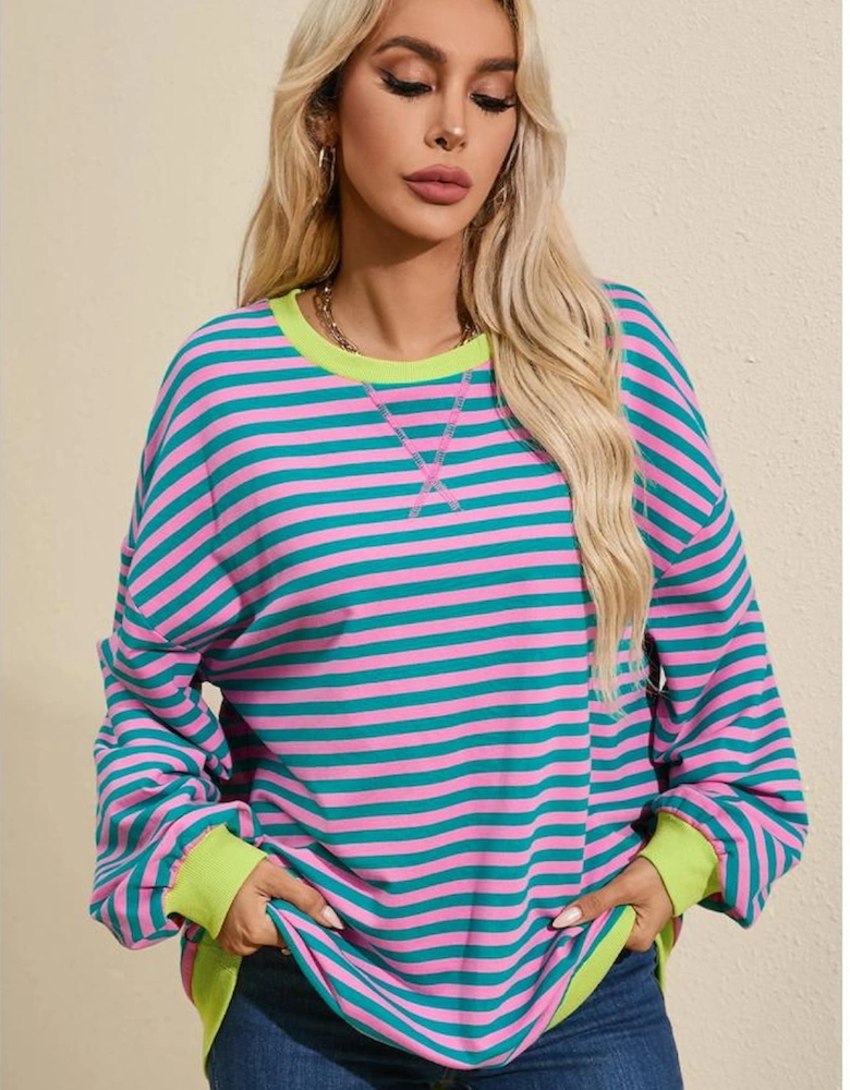 Green Stripe Oversized Contrast Trim Pullover Sweatshirt