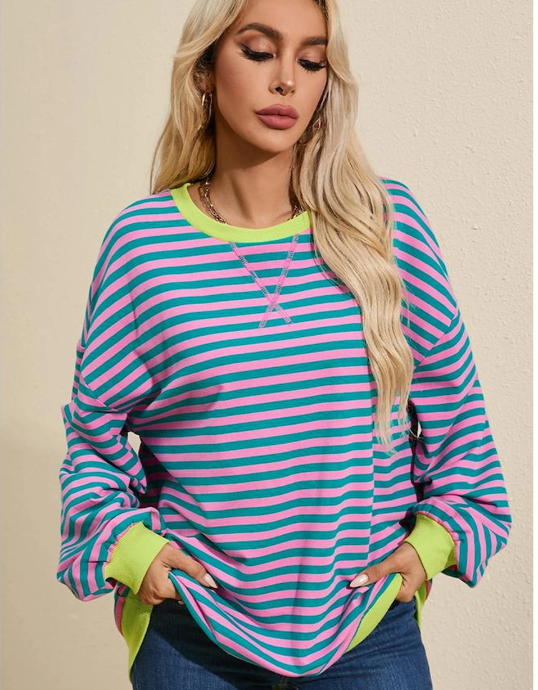 Green Stripe Oversized Contrast Trim Pullover Sweatshirt