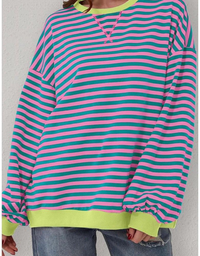 Green Stripe Oversized Contrast Trim Pullover Sweatshirt