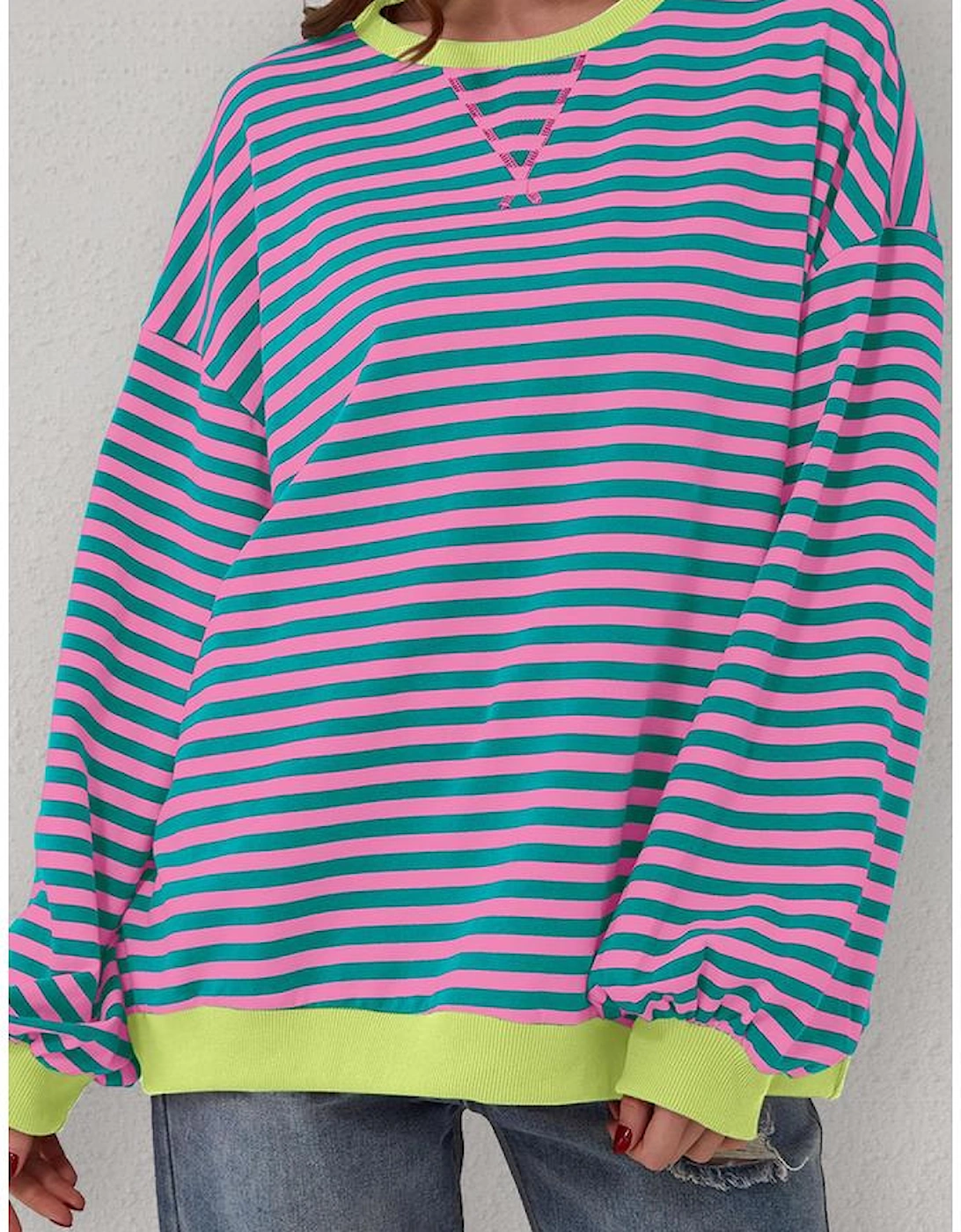 Green Stripe Oversized Contrast Trim Pullover Sweatshirt