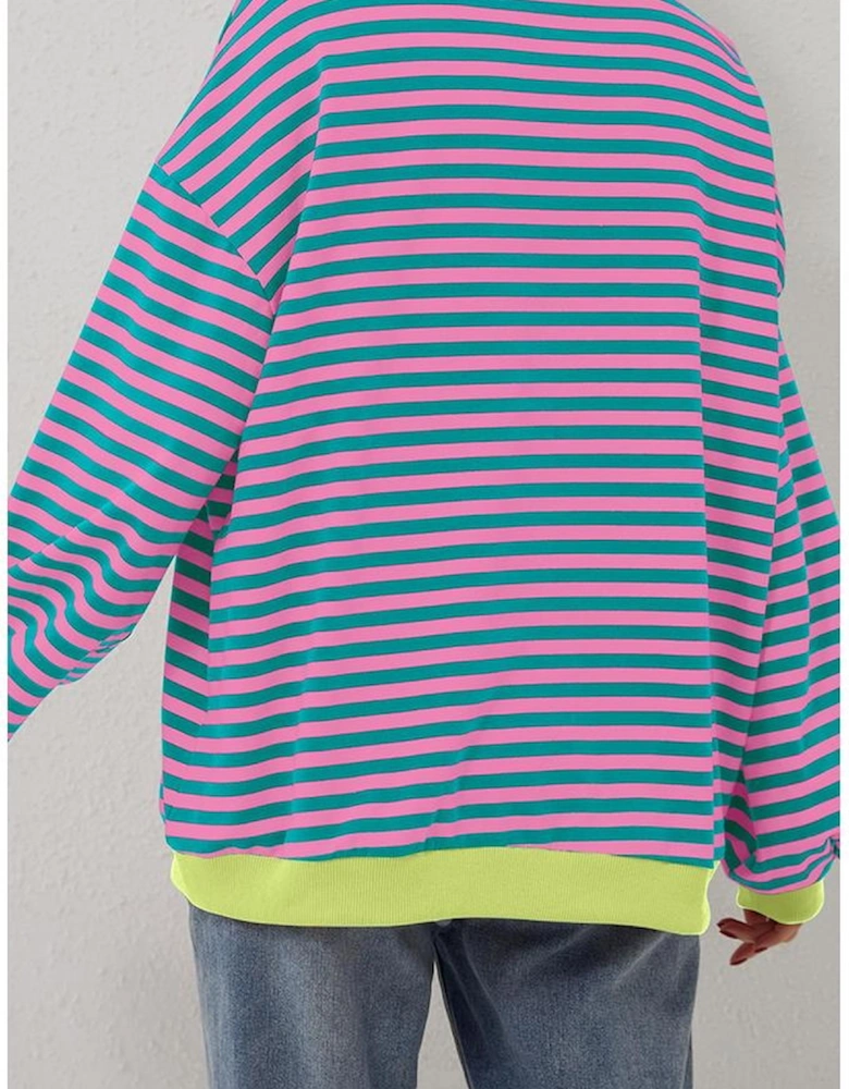Green Stripe Oversized Contrast Trim Pullover Sweatshirt