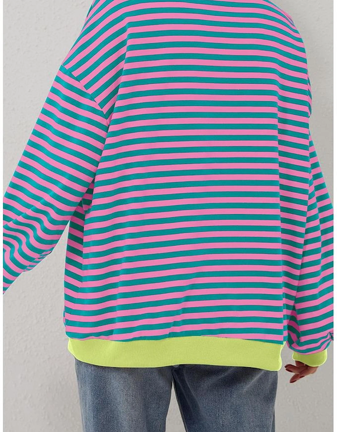 Green Stripe Oversized Contrast Trim Pullover Sweatshirt