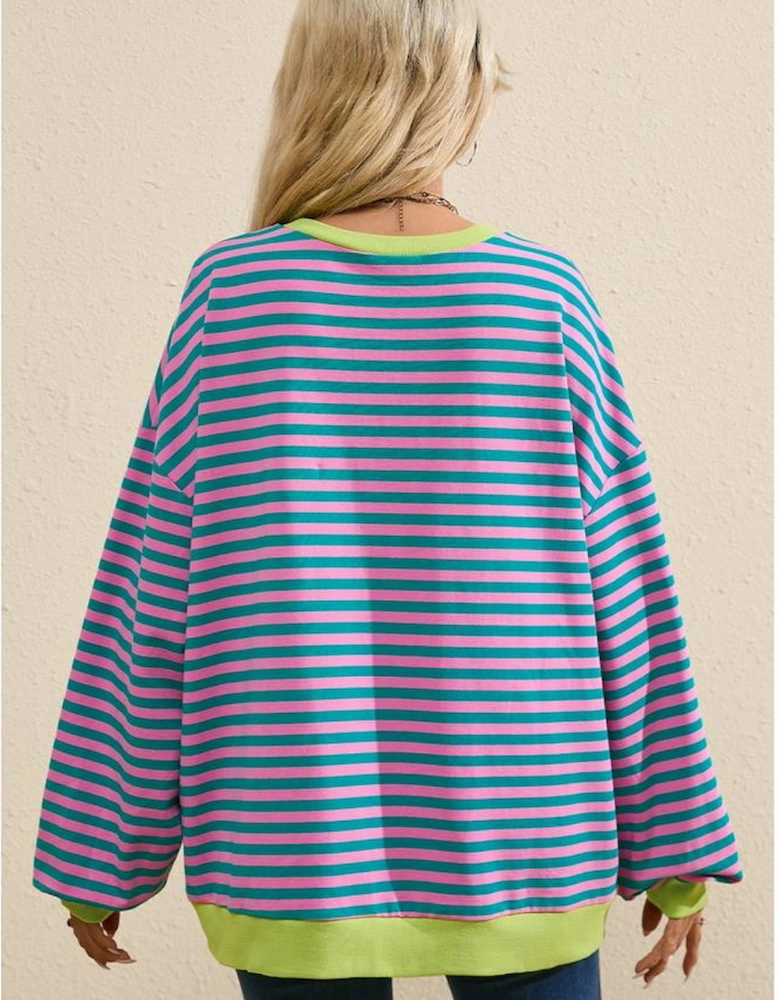 Green Stripe Oversized Contrast Trim Pullover Sweatshirt