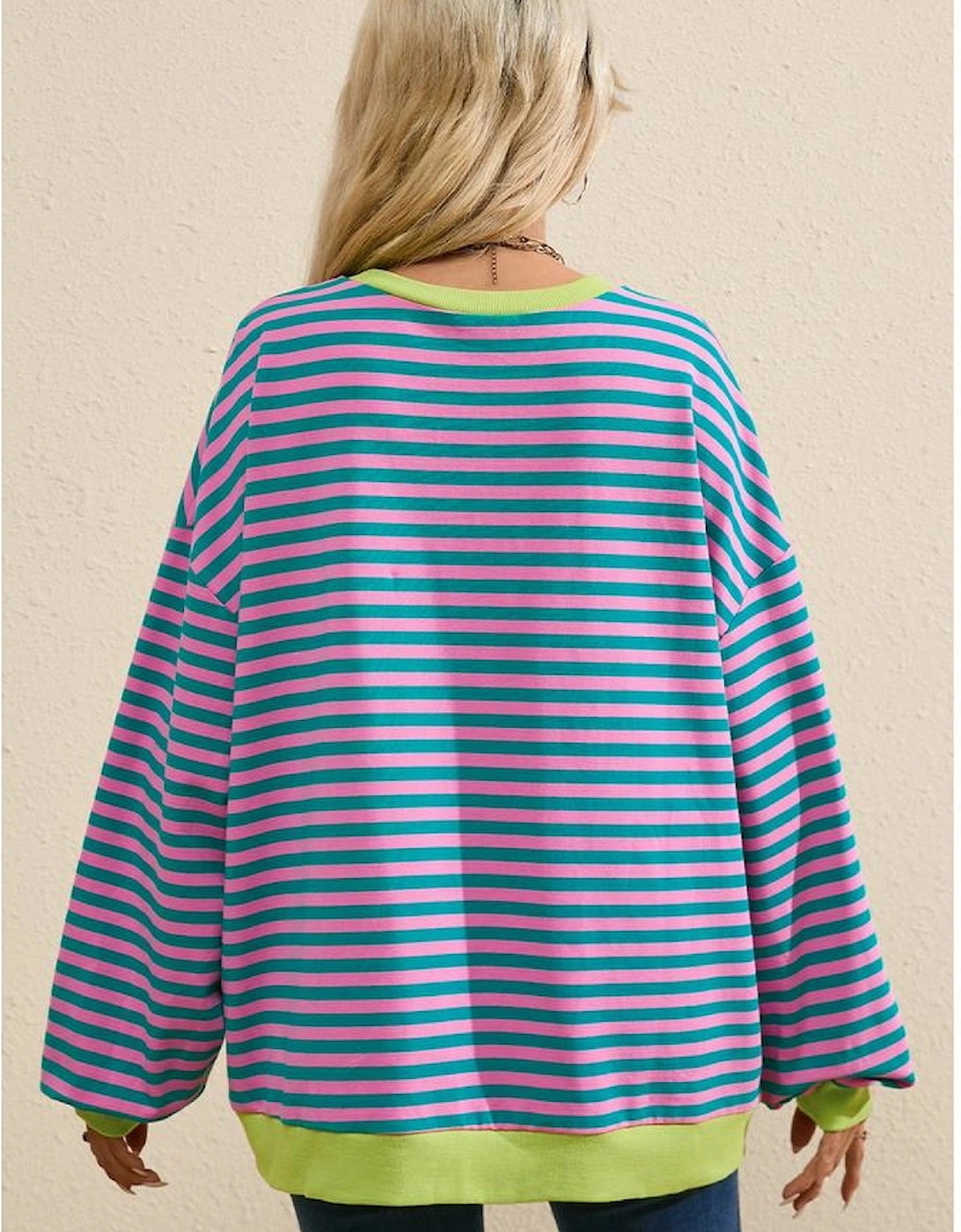 Green Stripe Oversized Contrast Trim Pullover Sweatshirt