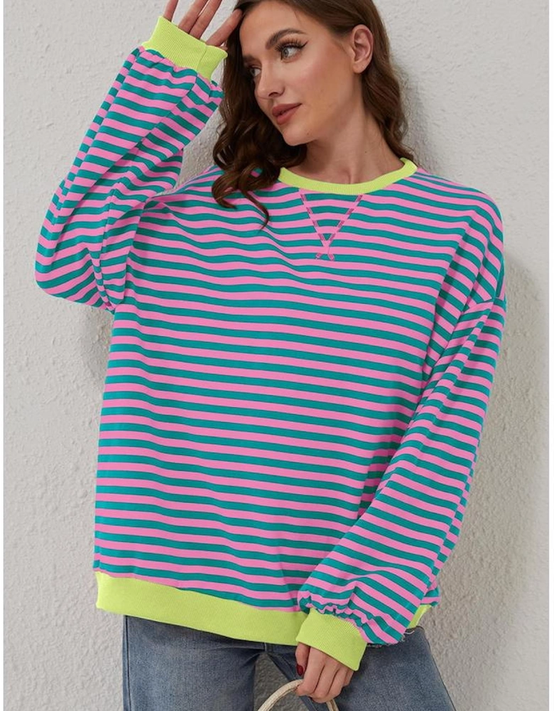Green Stripe Oversized Contrast Trim Pullover Sweatshirt