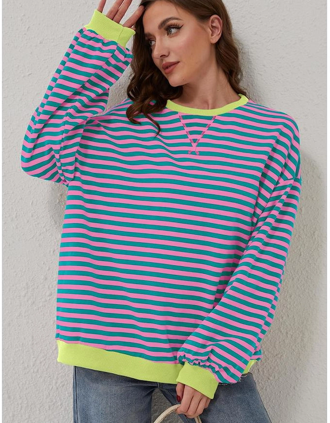Green Stripe Oversized Contrast Trim Pullover Sweatshirt