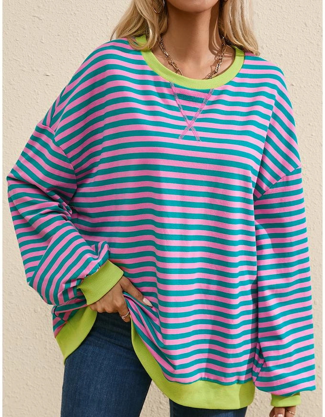 Green Stripe Oversized Contrast Trim Pullover Sweatshirt