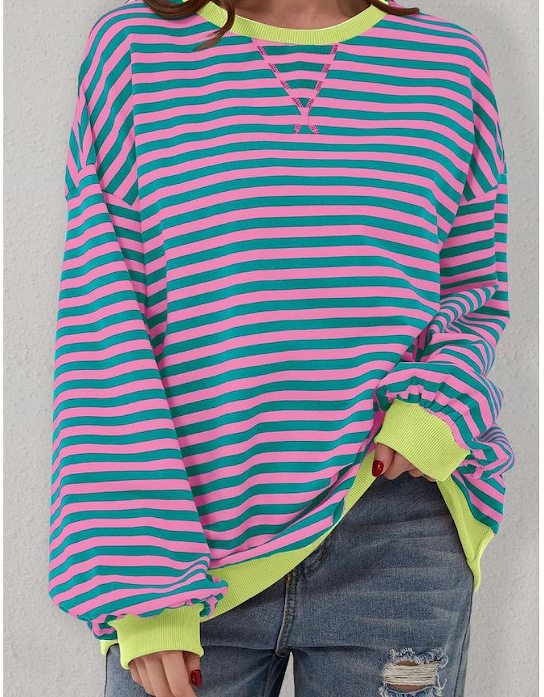 Green Stripe Oversized Contrast Trim Pullover Sweatshirt