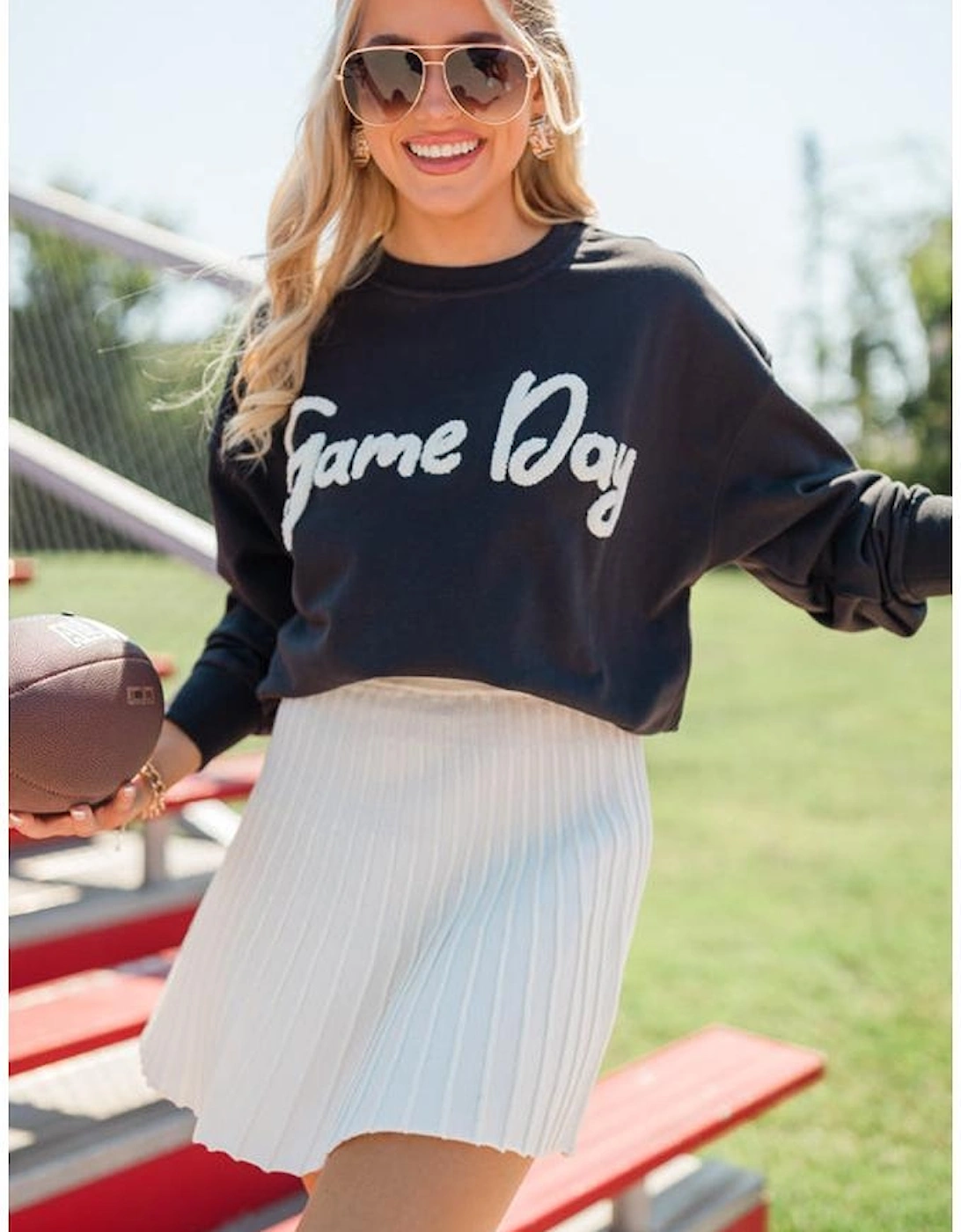 Black Chenille Game Day Graphic Drop Shoulder Sweatshirt