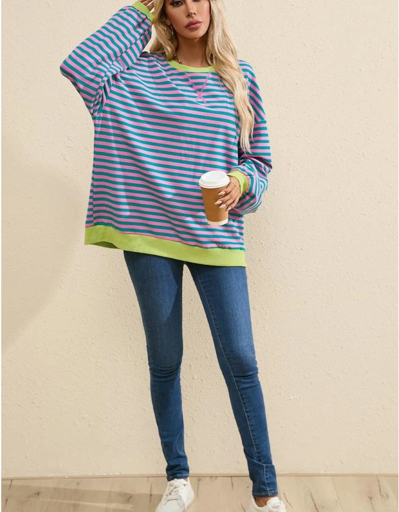 Green Stripe Oversized Contrast Trim Pullover Sweatshirt