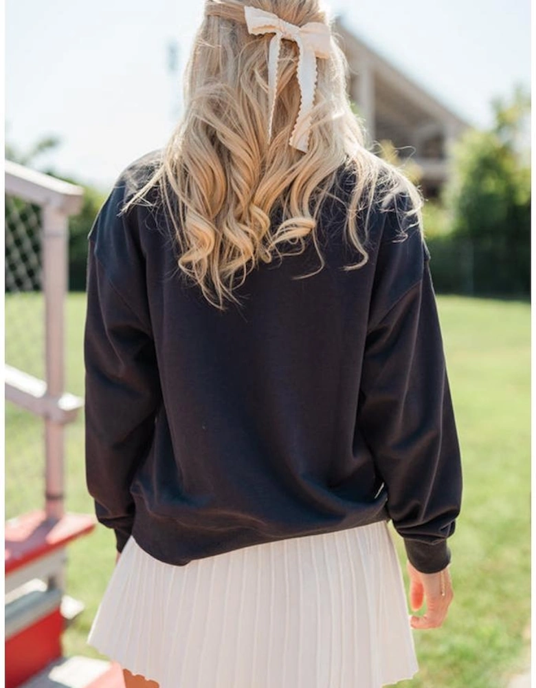 Black Chenille Game Day Graphic Drop Shoulder Sweatshirt